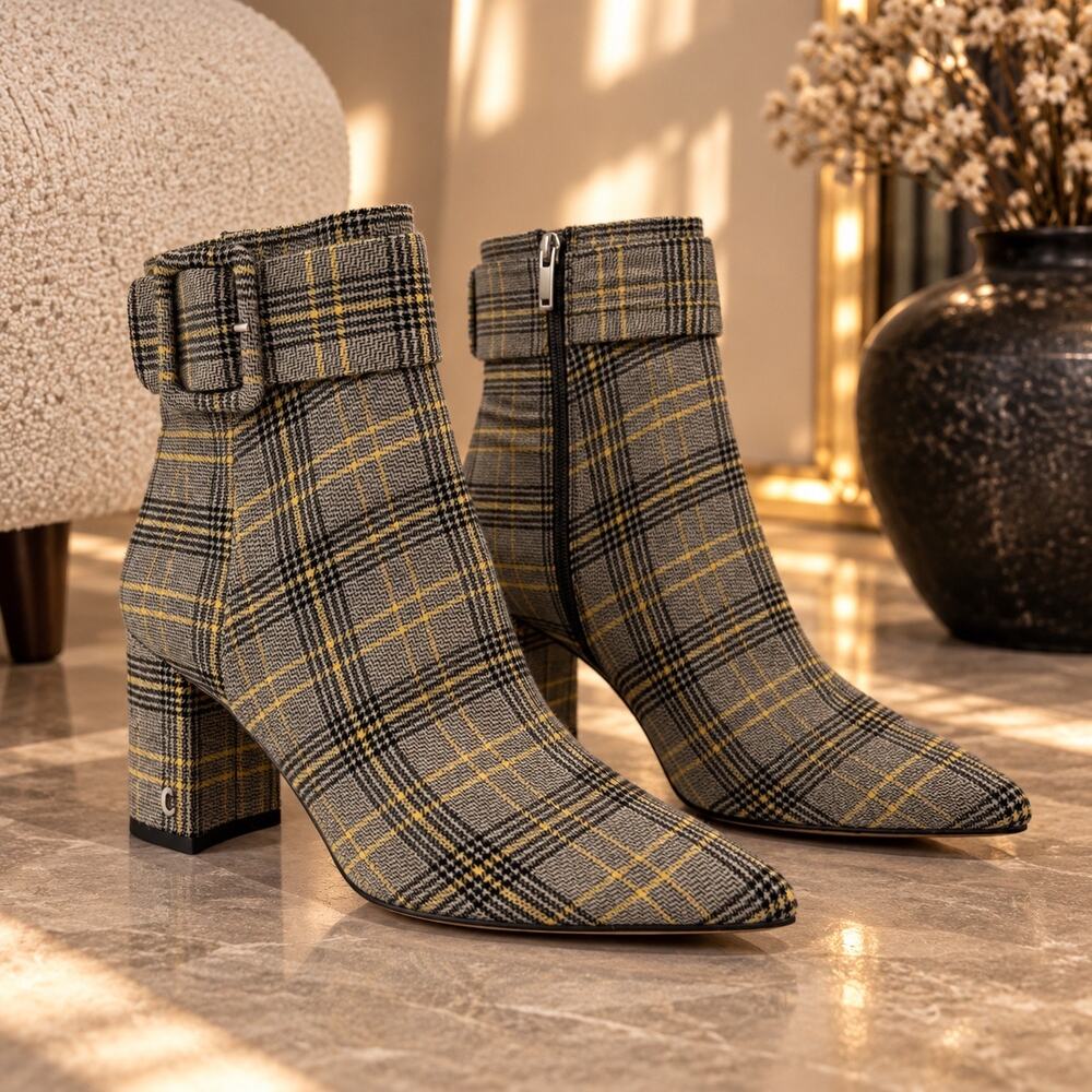 Circus by Sam Edelman Hardee Plaid Pointed Toe Block Heel Boots Women’s 7